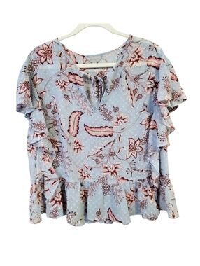Belle & Sky Light Blue Floral Ruffle Peplum Tie-Front Blouse